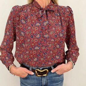 NWT Doen Josseline Silk Button Tie Neck Blouse Top Red Rouge Riviera Medallian